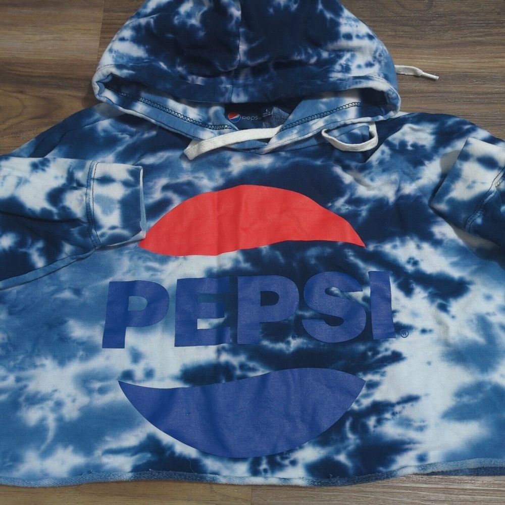 Pepsi Sweatshirt Hoodie Womens Size Large Blue Tie Dye‎ Crop Rolled Hem. D